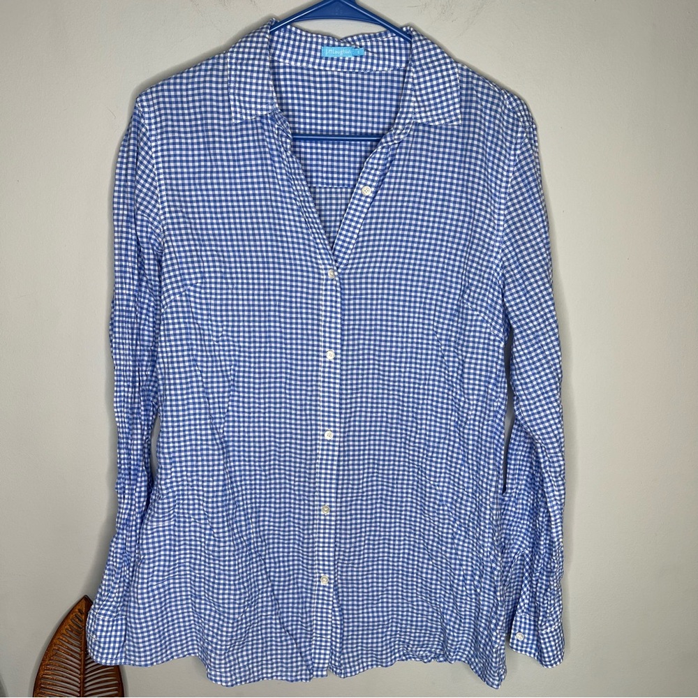 J McLaughlin Cotton Button Front Blouse Textured Searsucker Blue White